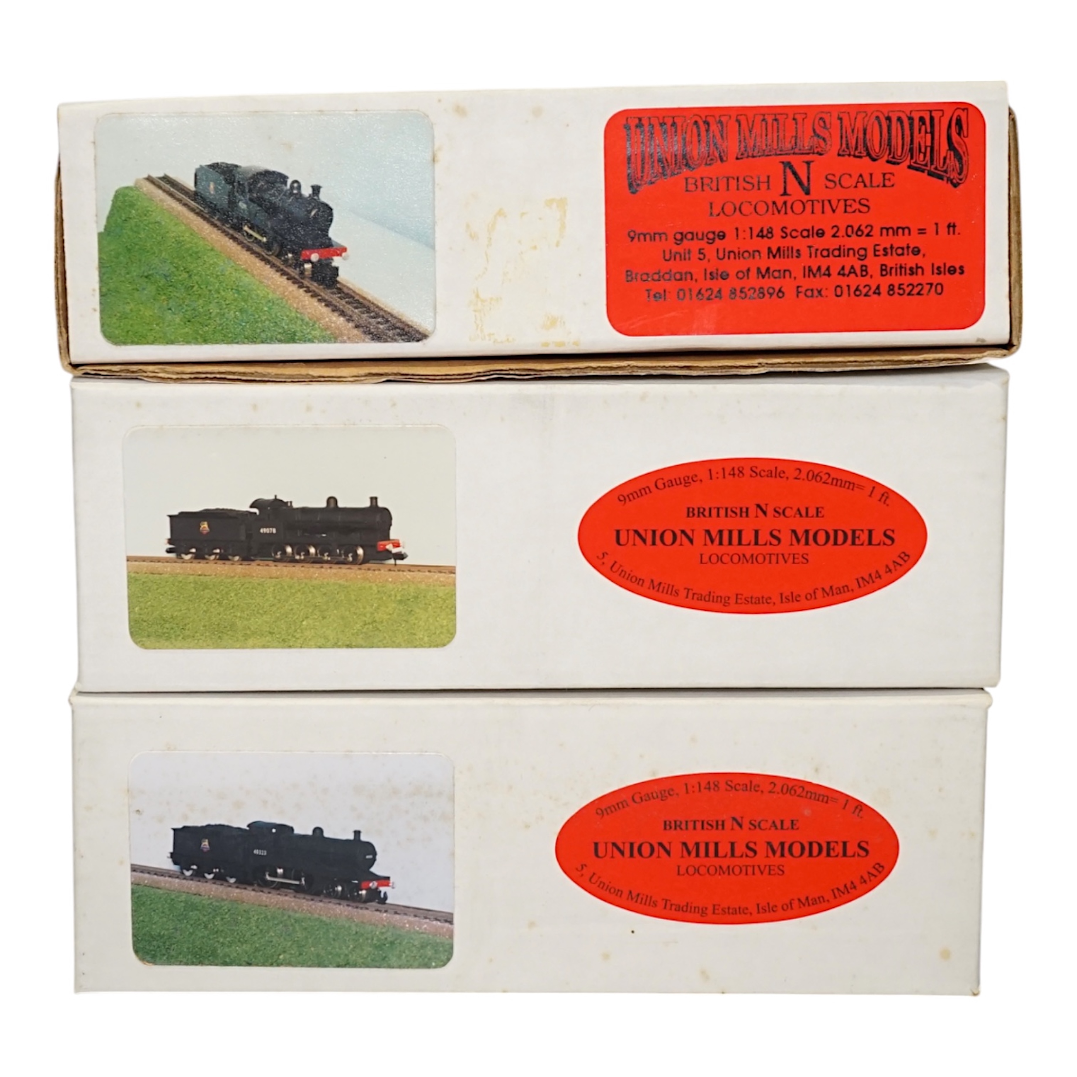 Three boxed Union Mills Models N gauge railway BR locomotives; a Class G2, 49078, a Class D20, 62395, and a Class 2P, 40323. Condition - good.